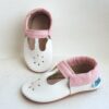 mokasynki sandałki dziecięce, kapcie dla dzieci, paputki skórzane barefoot kapcie do przedszkola dziecięce, miękkie lekkie antyposlizgowe wygodne Skorzane kapcie dzieciece barefoot biale z różowym, miekkie lekkie buty dla dzieci do domu i przedszkola