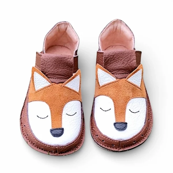 pełne buty dla dzieci na wiosnę z podeszwami barefoot zapinane na rzepy, miękkie i lekkie, elastyczne buty dziecięce z rudymi liskiem sweetbaby