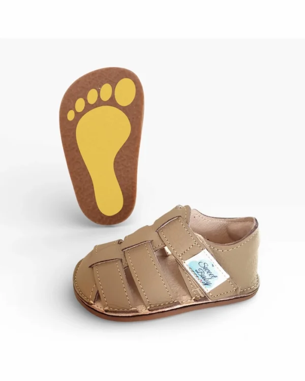 miękkie beżowe sandały barefoot dla dzieci Sweet baby z szerokimi czubkami elastyczne i oddychające zapinane na rzepy